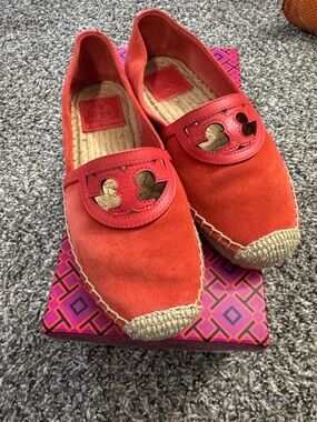 Tory Burch Coral Red Suede Espadrille Loafers